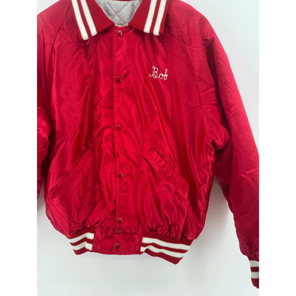 Vintage 80s DeLONG Sportswear Red Satin Varsity‎ Jacket Succarotte Stable Mens